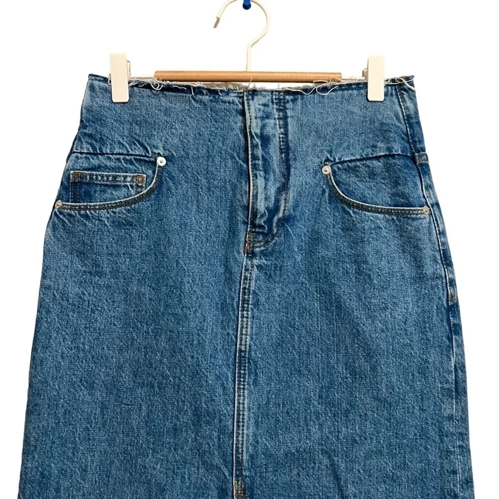 Frame Cut Off Waist Maxi Jean Denim Skirt Womens 24 Blue Front Slit Raw Hem